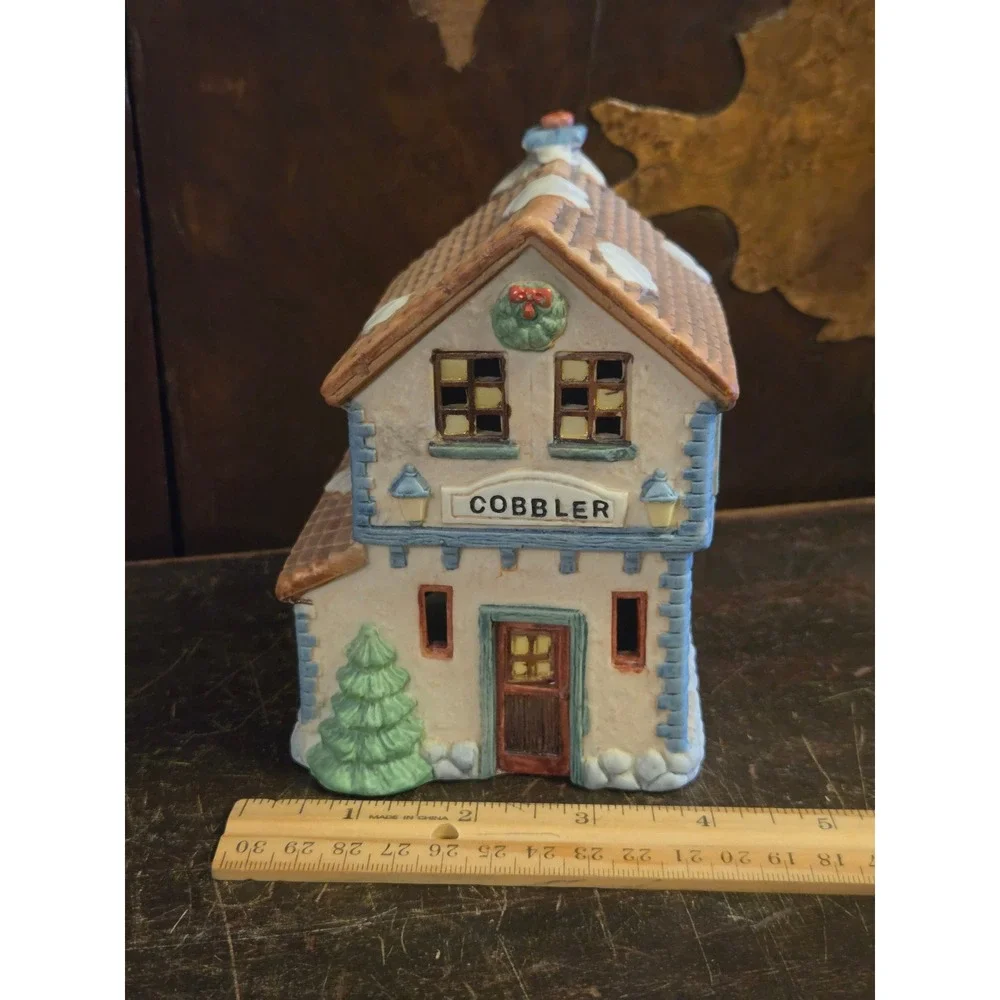Americana Porcelain Collectible Cobbler Christmas Village House with Light Cord